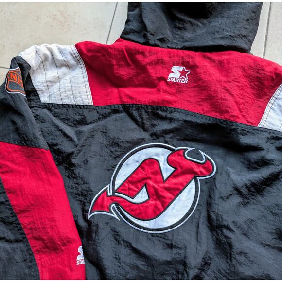 New Jersey Devils 90s STARTER Color Block puffer 1/2 jacket yth L blk NHL vtg - Picture 2 of 6